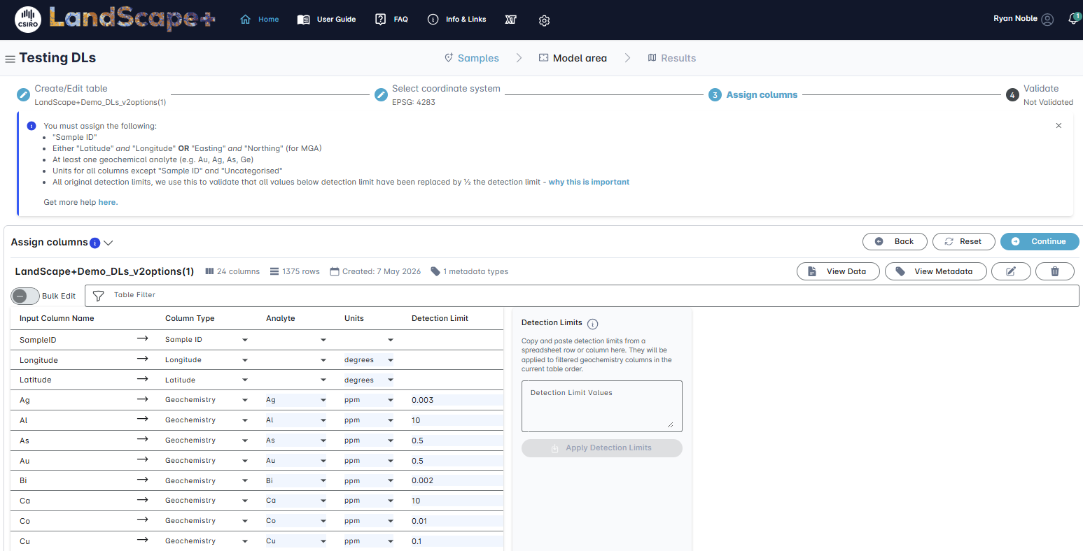 Detection limits entry form