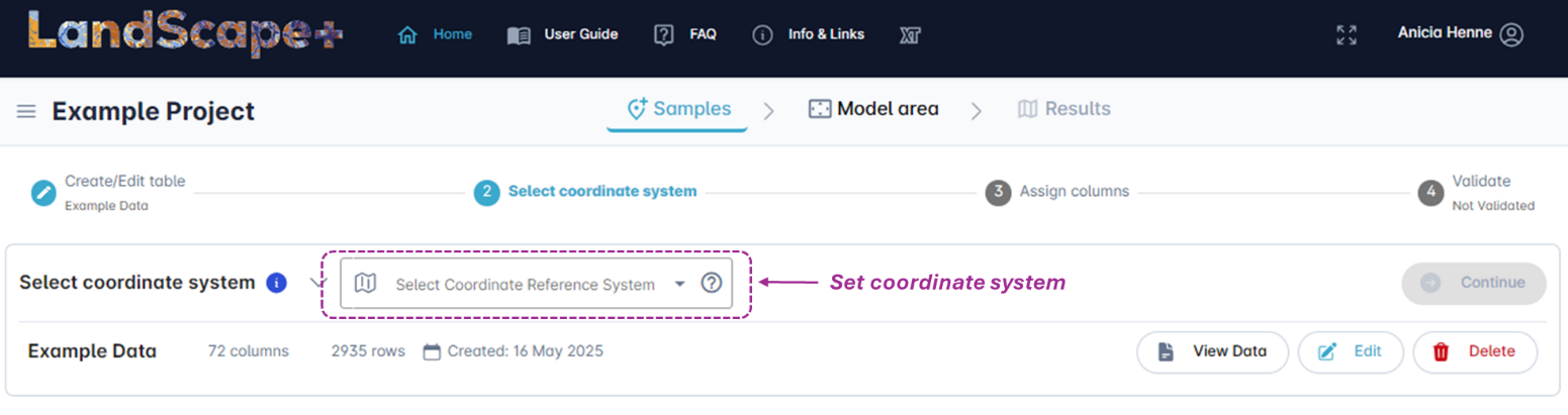Coordinate system selection dialog