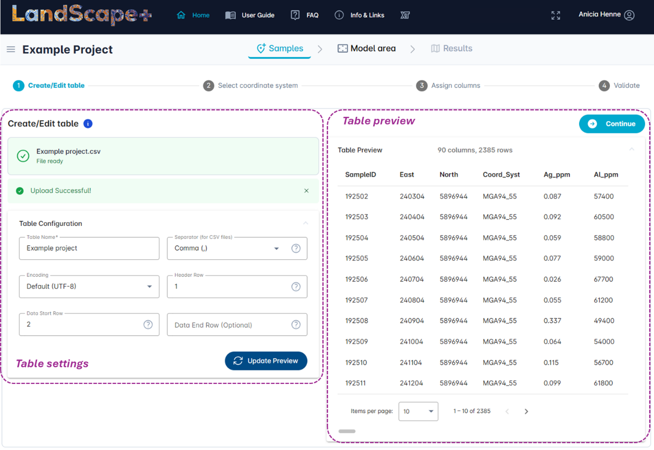 Table settings and preview interface