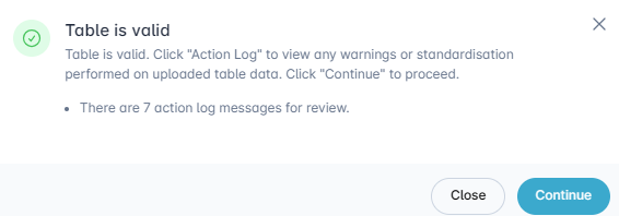 Validation dialog with action log message