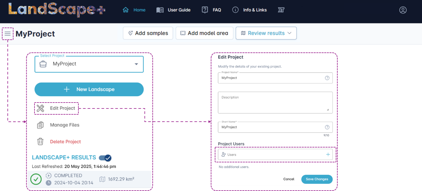 Project sharing dialog